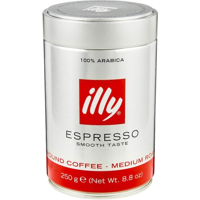 illy cofffes tin has a minimalist red square logo printed directly on stark metal gloss 